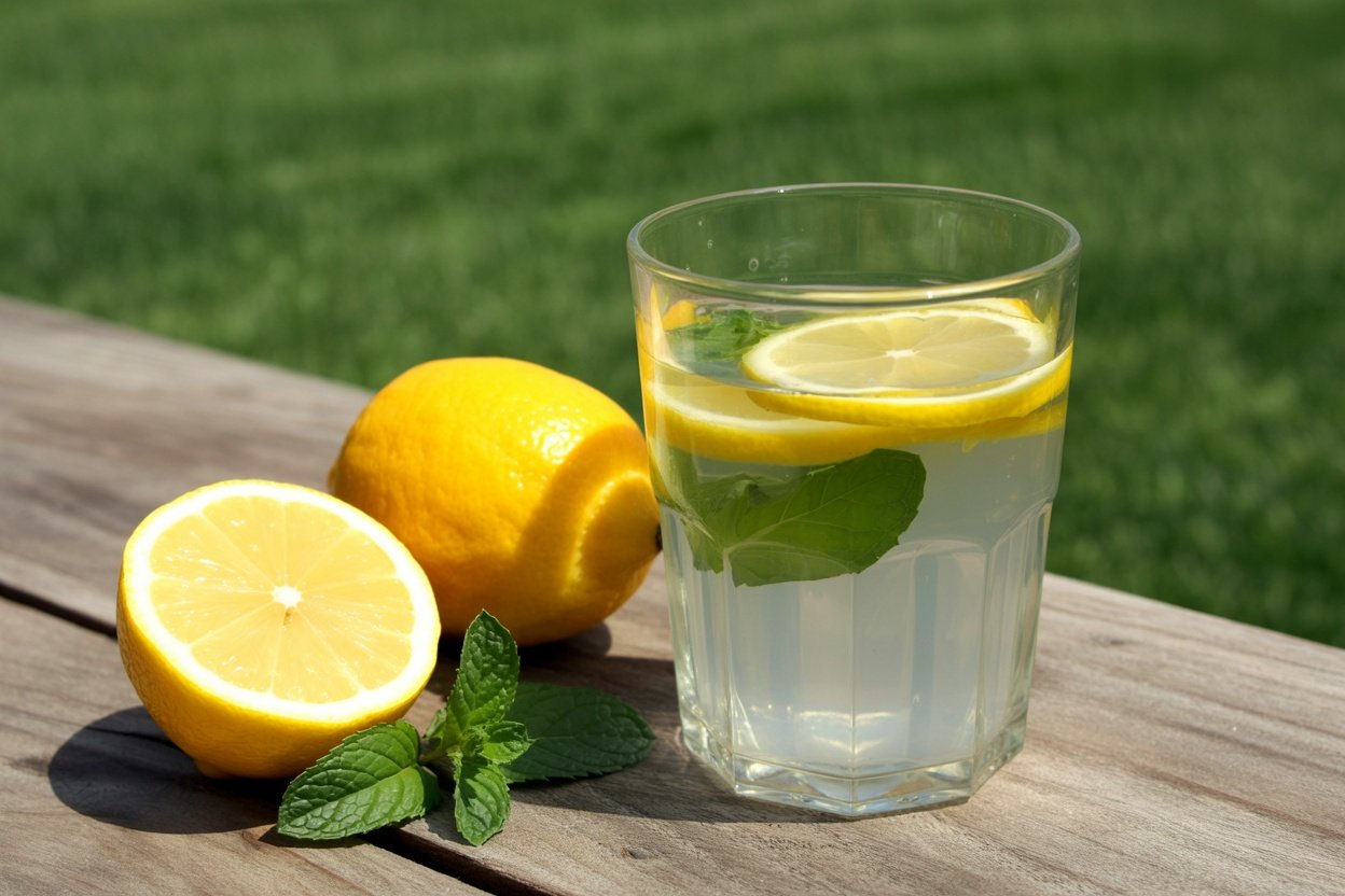 A glass of lemon water with lemon slices and mint on a wooden table.