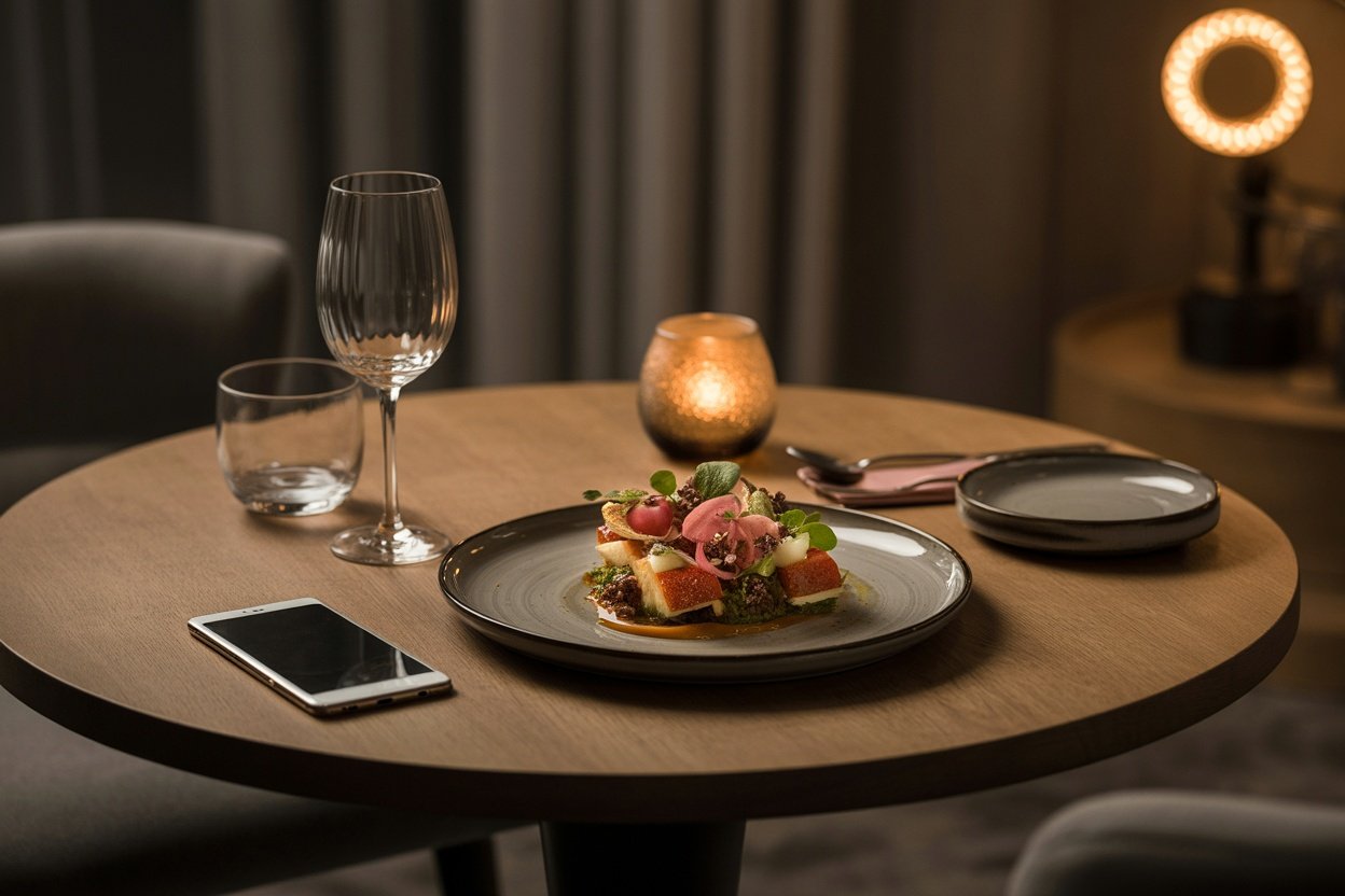 A beautifully set dining table with a plate of gourmet food, fine glassware, and a candle.