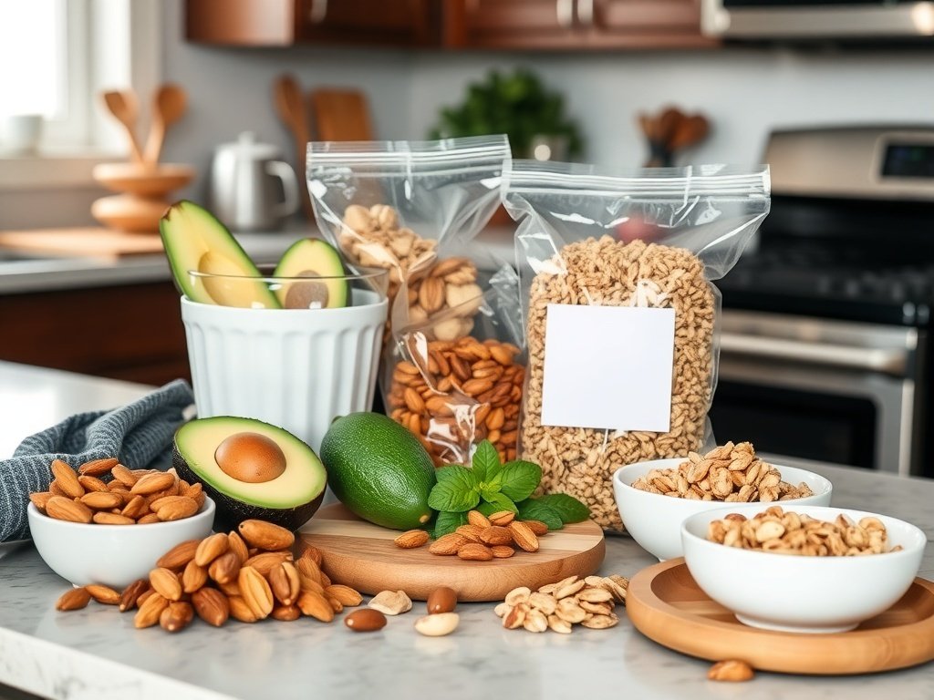 An assortment of healthy foods with calorie labels, including avocados, almonds, and granola, displayed on a kitchen countertop.