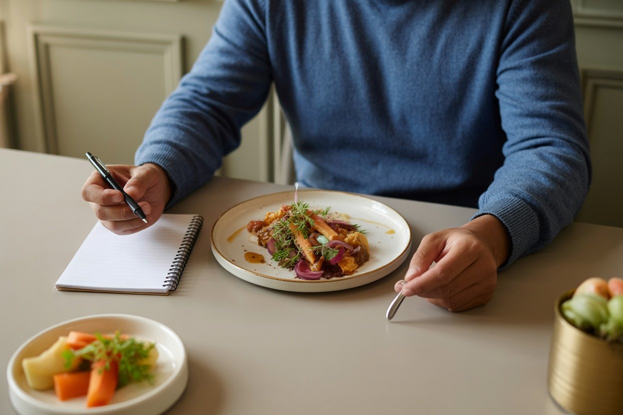 A person checking in midway through their meal, holding a notebook and pen with a plate of food in front.