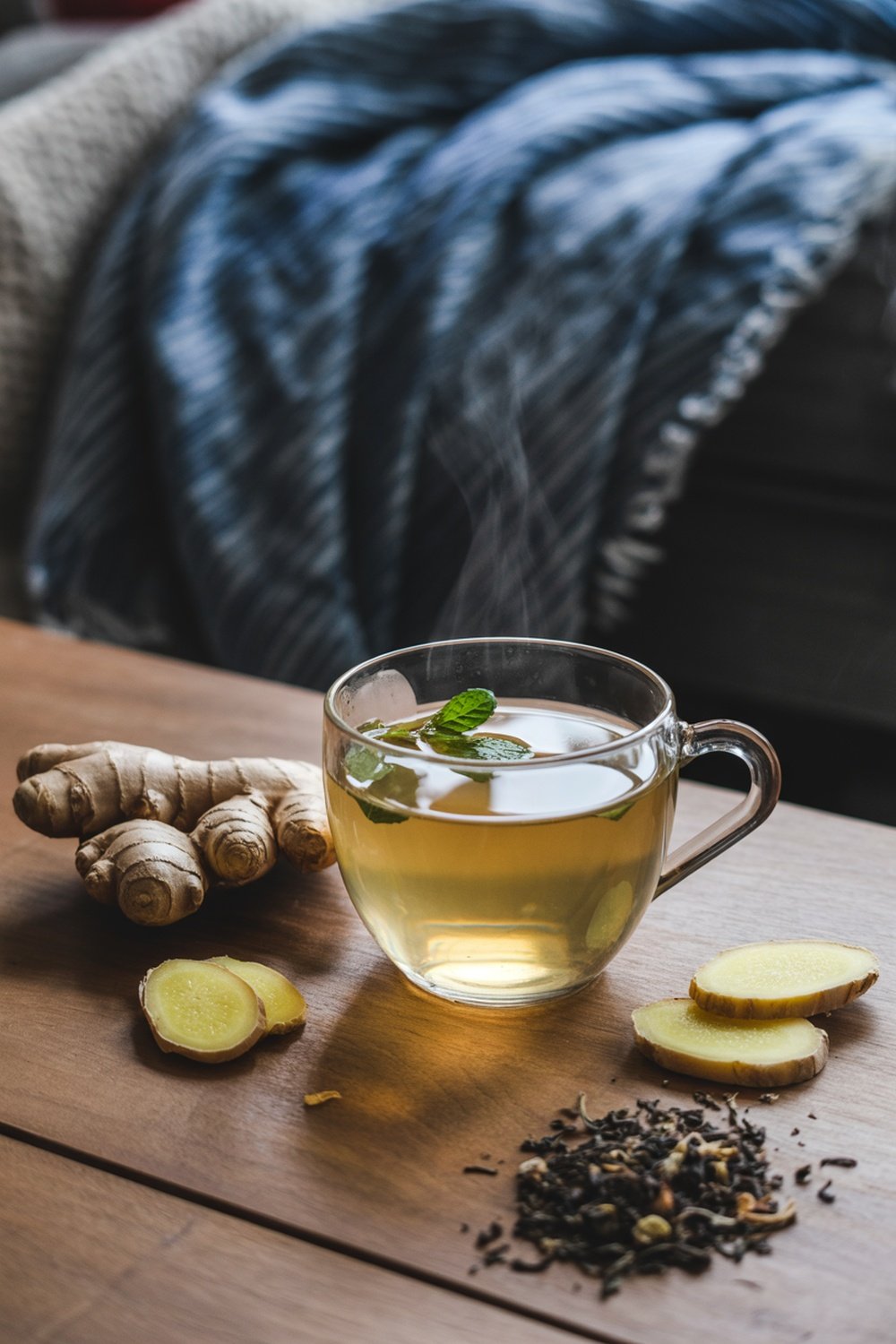 A steaming cup of ginger tea with fresh ginger root and mint leaves on a wooden table