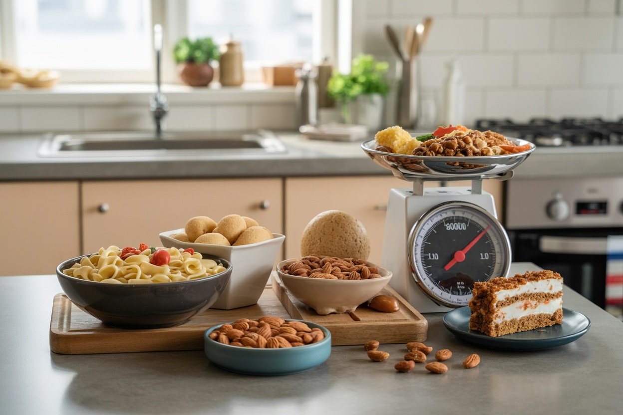 A kitchen scene showing various foods including pasta, desserts, and nuts being weighed on a scale.