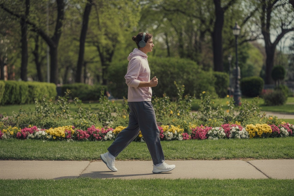 A person walking in a park surrounded by flowers, wearing headphones and casual athletic clothes.