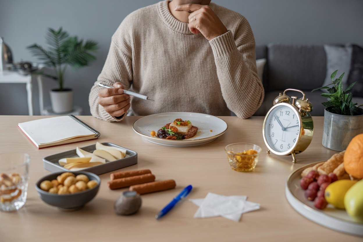 A person sitting at a table with a plate of food, a notebook, and a clock, reflecting on their eating choices.