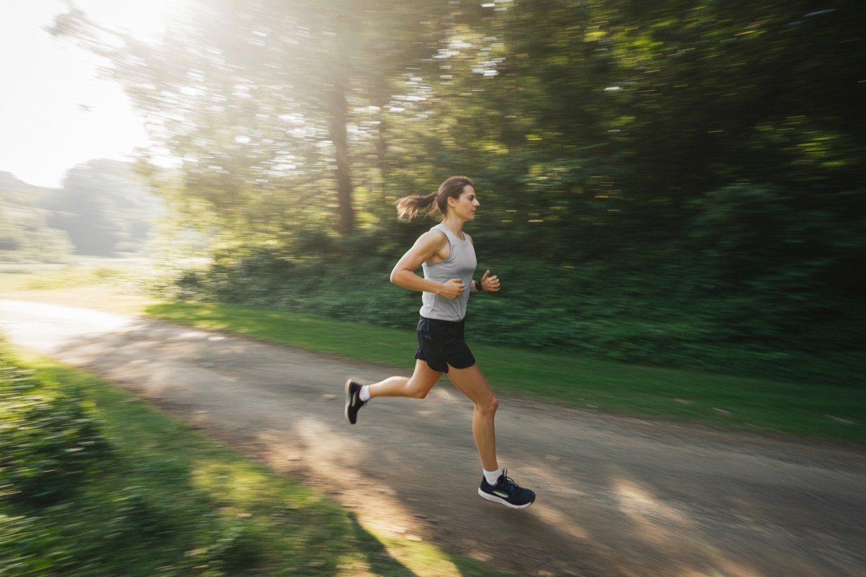 A woman jogging on a path surrounded by greenery, symbolizing progress in a weight loss journey.