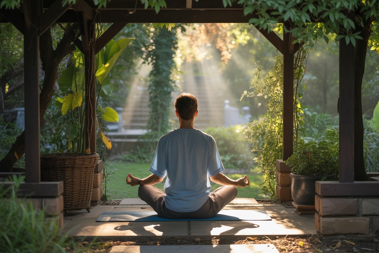 A person meditating in a peaceful garden, surrounded by greenery and sunlight.