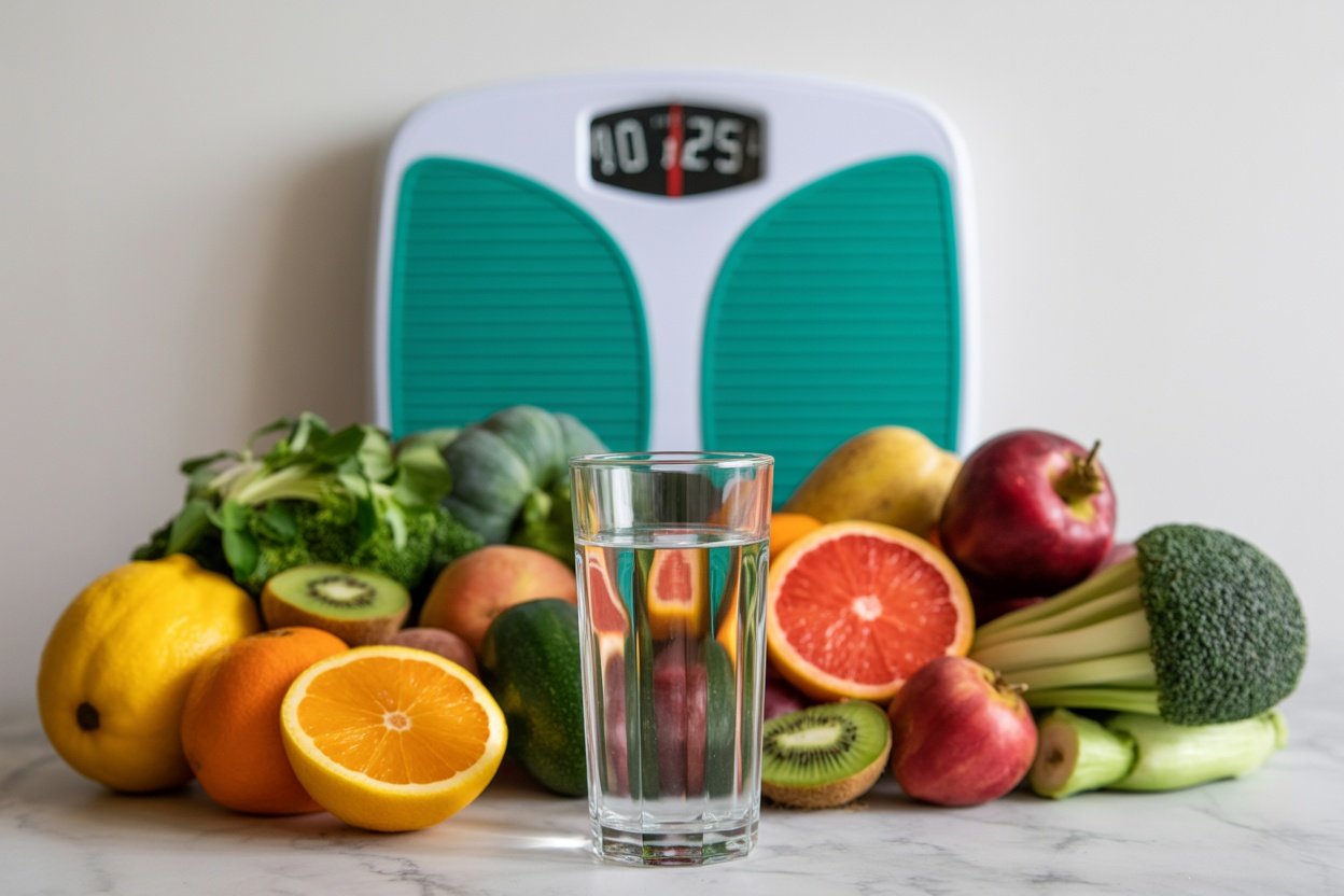 A glass of water in front of a variety of fruits and vegetables, symbolizing healthy living.