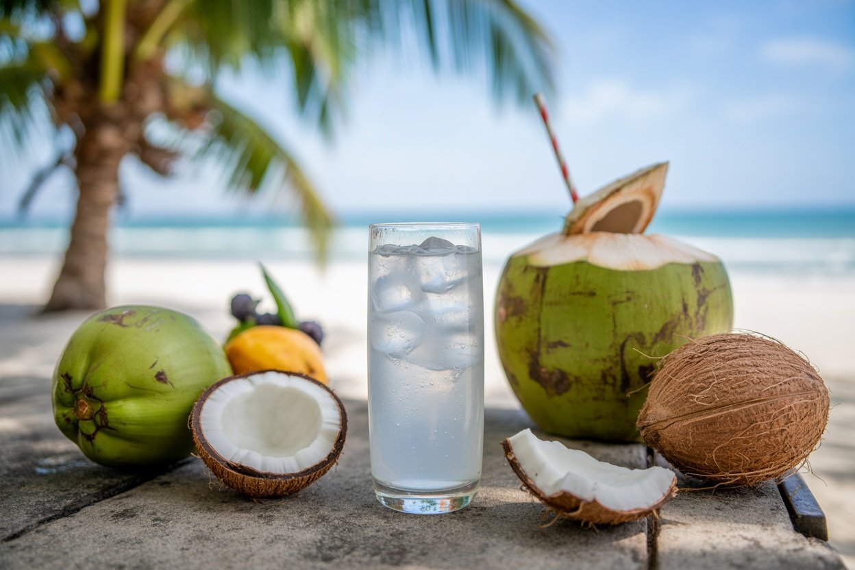 A refreshing glass of coconut water with ice, surrounded by whole coconuts and tropical fruits on a sunny beach.