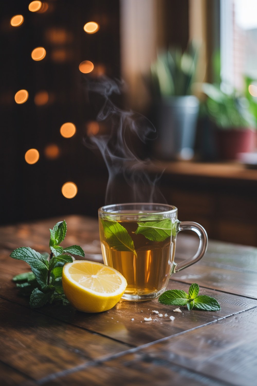 A steaming cup of peppermint tea with fresh mint leaves and a slice of lemon on a wooden table.