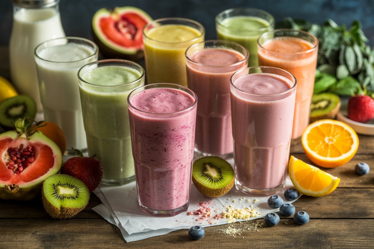 An assortment of colorful protein smoothies in glasses, surrounded by fresh fruits like strawberries, kiwi, and oranges.