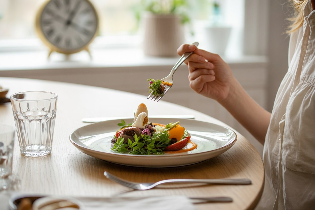 A person enjoying a colorful plate of food at a dining table with a glass and clock in the background.