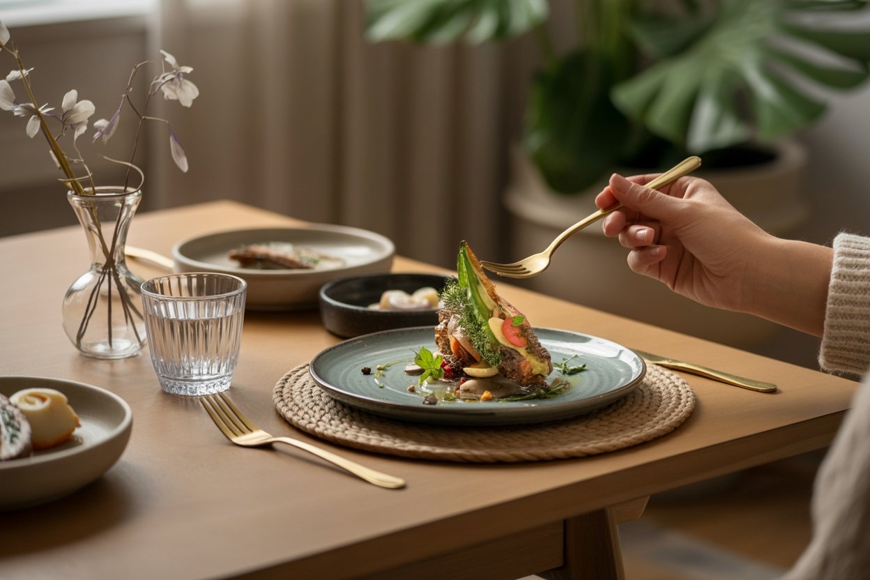 A person enjoying a meal, focusing on eating slower.