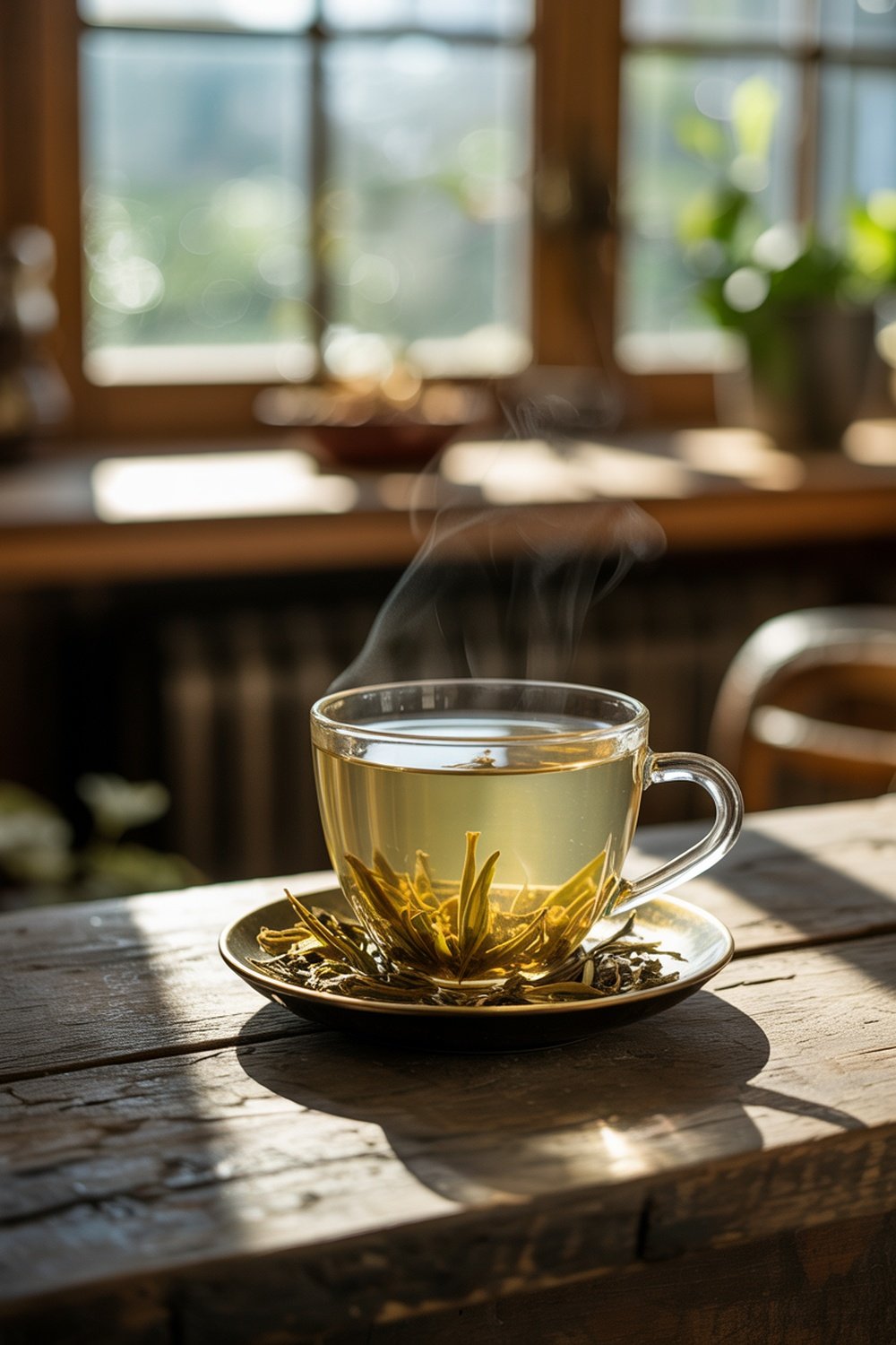 A steaming glass of white tea in a clear cup with tea leaves on a saucer, set on a wooden table.