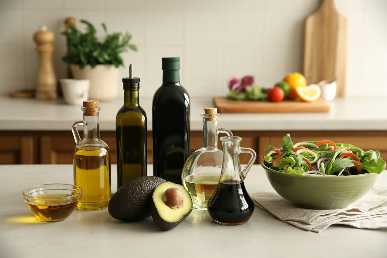 Various cooking oils and a fresh salad on a kitchen countertop.