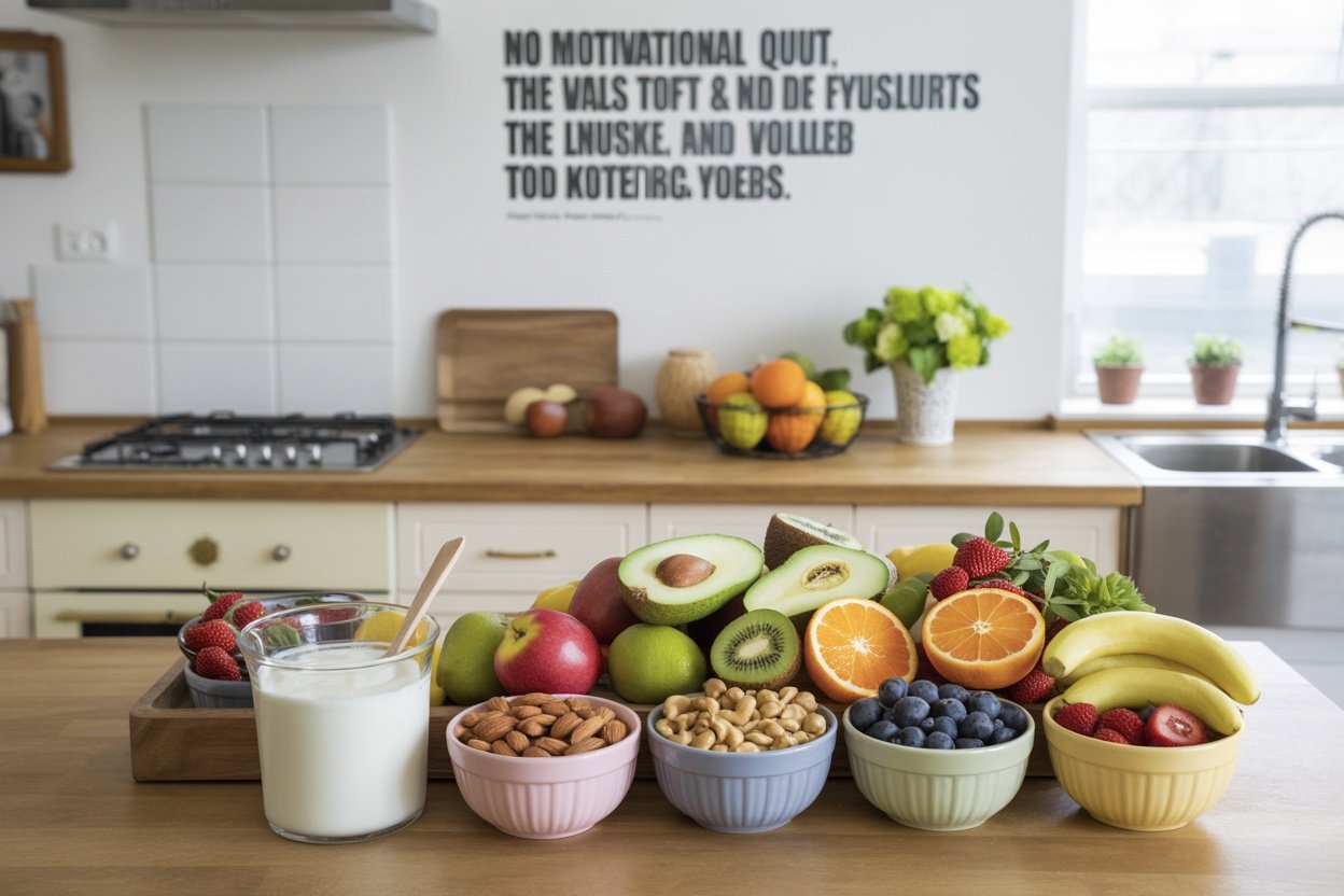 A variety of healthy snacks including fruits, nuts, and yogurt displayed on a kitchen counter.