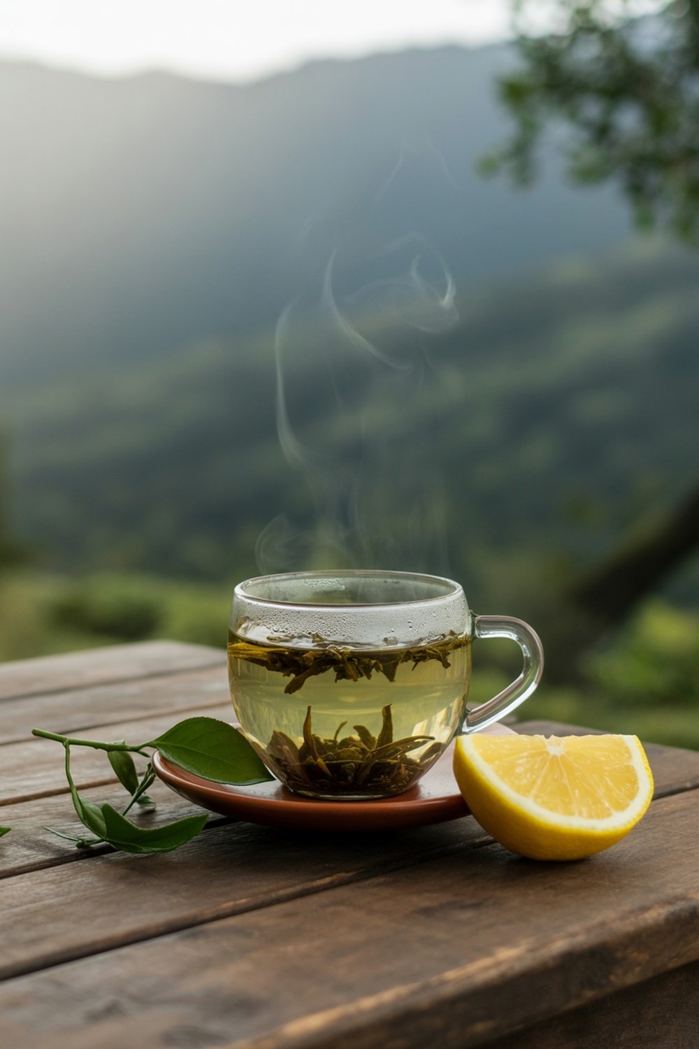 A steaming cup of green tea with a slice of lemon on a wooden table, surrounded by greenery.